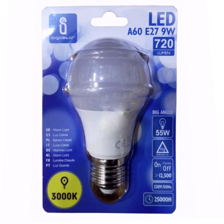 LAMPADINA LED SFERA A60 E27 9W 3000K LUCE CALDA