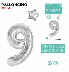 PALLONCINO ARGENTO METAL "9" 35CM