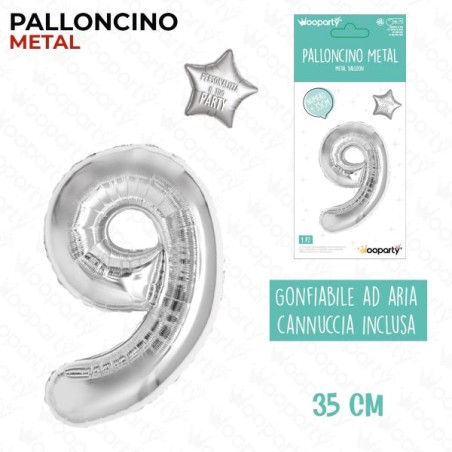 PALLONCINO ARGENTO METAL "9" 35CM