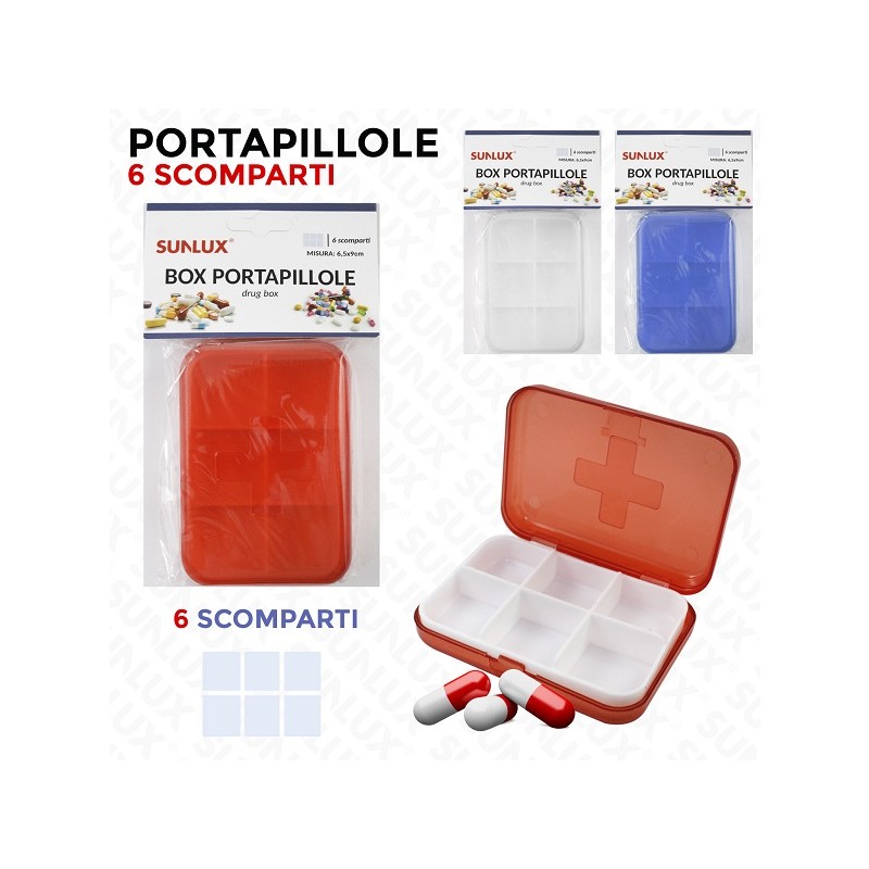 BOX PORTA PILLOLE 6 SCOMPARTI COLORI ASS.