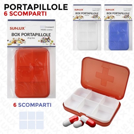 BOX PORTA PILLOLE 6 SCOMPARTI COLORI ASS.